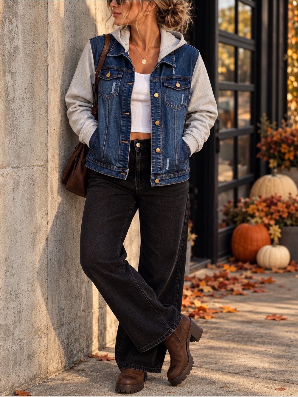 Zenobia Plus Size 1X Hooded Denim Jacket Gray Sleeves Distressed Y2K